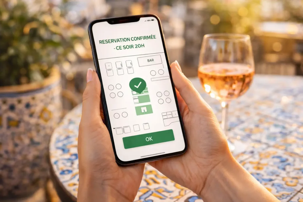Utilisatrice réservant une table en ligne via son smartphone sur la terrasse d'un restaurant varois